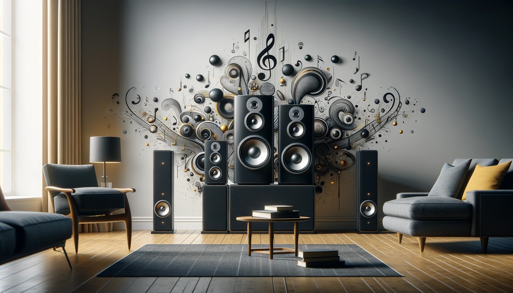 An artistic display of speakers and audio elements