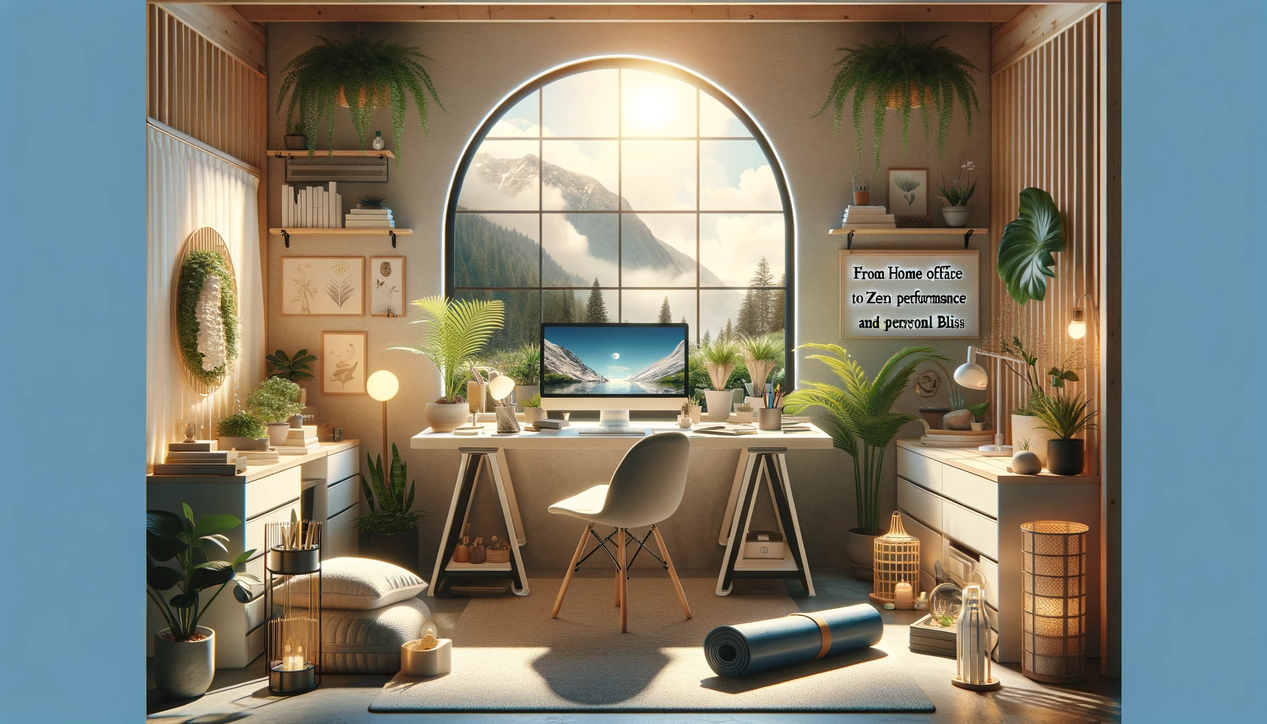 A sun-drenched serene home office with plants and other soothing objects placed around the desk