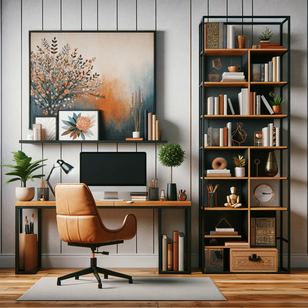 A very clean and modern home office with art and full bookshelf