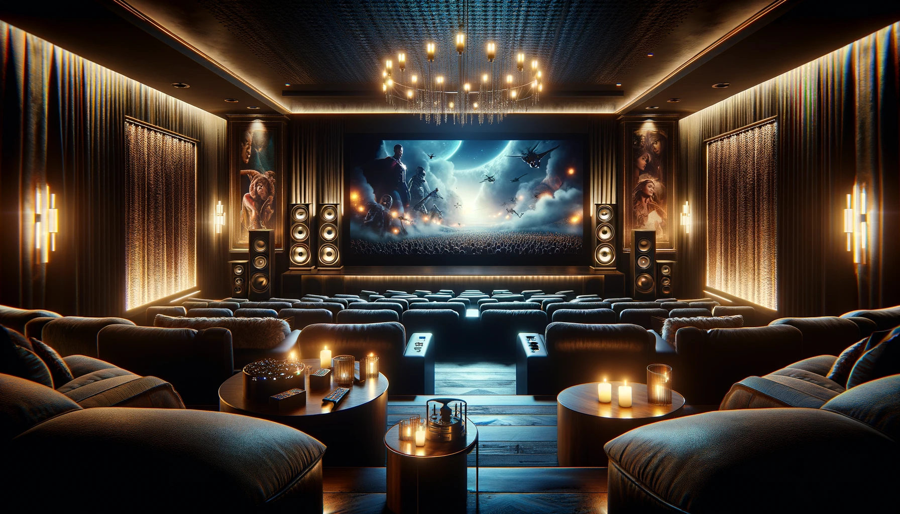 A large, luxurious home theater with projector and surround sound speakers