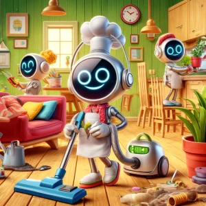 Humorous view of household chores being completed by robots
